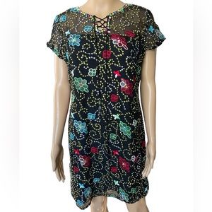 Vintage 90s Black Hand Embroidered Mirror Sequin Hippie Boho Whimsygoth Dress